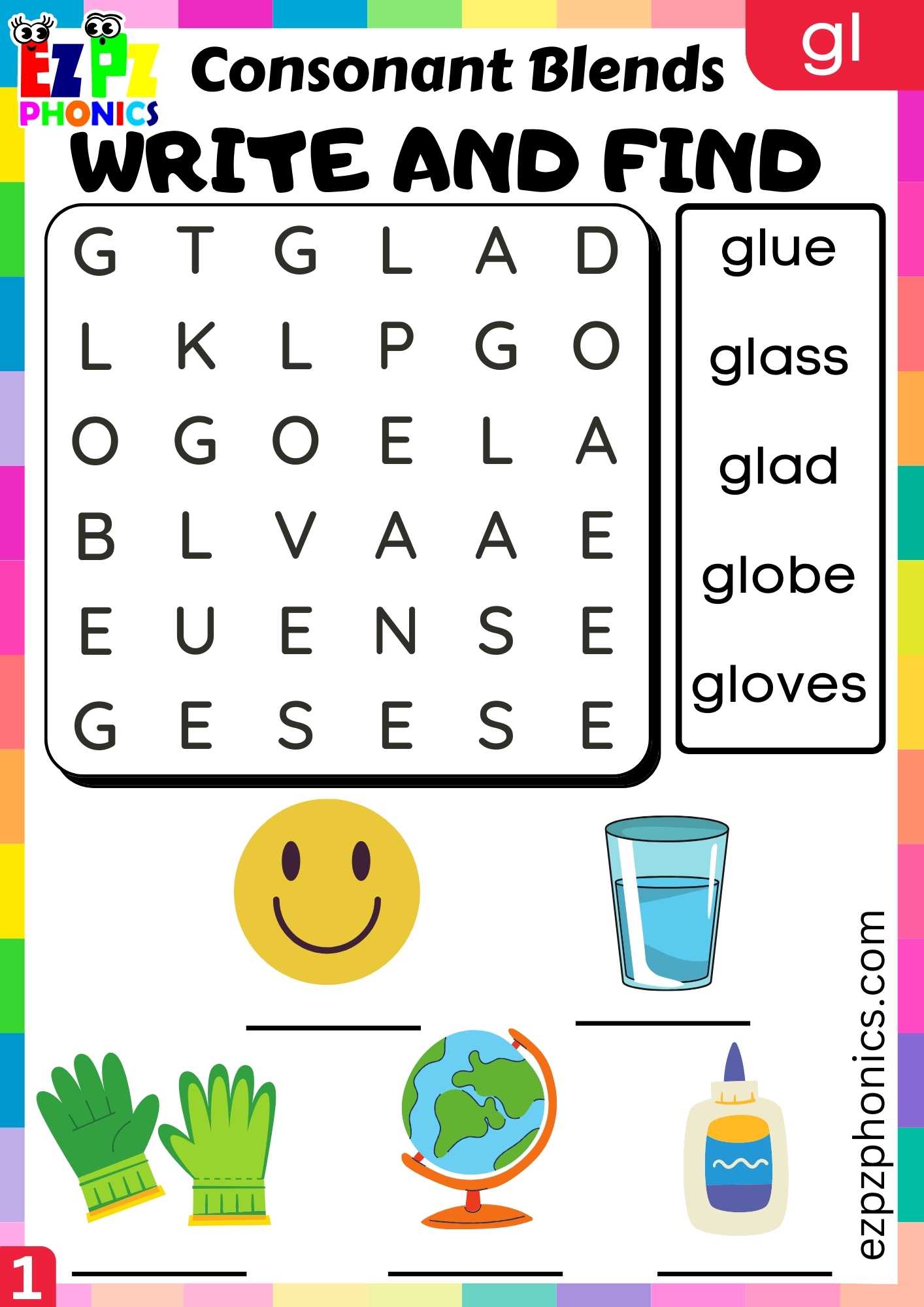 Group1 GL Words Write And Find Phonics Consonant Blends Worksheet